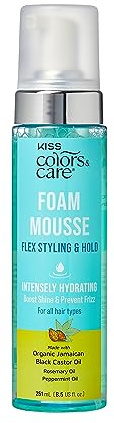 KISS COLORS & CARE Foaming Mousse - Define Curls & Hold Styles, Scalp Soothing, Moisture Boosting - Organic Jamaican Black Castor Oil, Peppermint Oil & Biotin - No Sulfates or Parabens