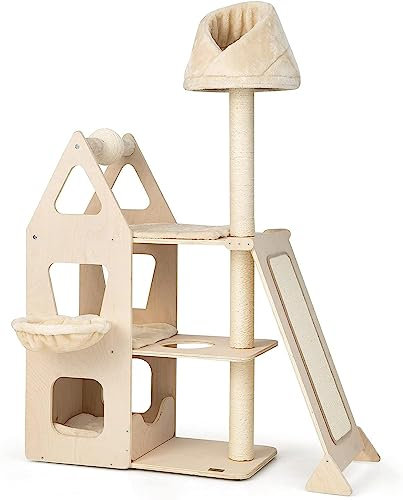 GYMAX Kratzbaum für Katzen Höhe 155 cm, Katzenkratzbaum mit Hängematte, Kratzbrett & Aussichtsplattform, Kletterbaum Katzenbaum Beige