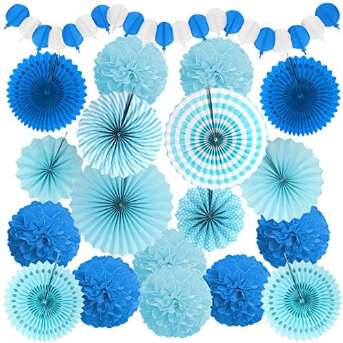 Recosis Blau Party Dekoration, Papier Pompoms Aufhängen Fächer Girlande für Fiesta Party Dekoration Taufe Mädchen Babydusche Party Hochzeit Geburtstag Festival