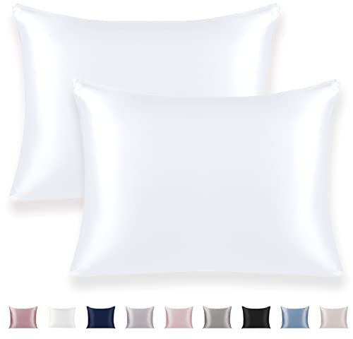 Texbee Seidenkissenbezug 40x60cm für Haar und Haut, 2PC Beide Seiten Natürliche Kissenbezug Seide mit verstecktem Reißverschluss Weiche Atmungsaktive Glatte Standardgröße-Reines Weiß