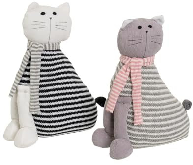 LOLAhome Set de 2 topes de Puerta de Gatos de Tela de Lana y gravilla Blanco y Gris de 23x11x29 cm