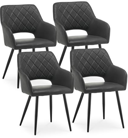 CLIPOP Esszimmerstühle, 4er Set, Polsterstühle mit Armlehnen, Metallbeine, Kunstleder Bezug, Kunstleder Grau, bis 150 kg belastbar, für Arbeitszimmer, Wohnzimmer, Schlafzimmer (4er, Kunstleder Grau)