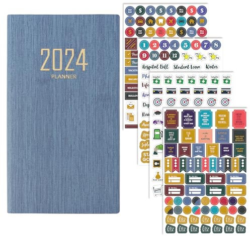 2024 Planer A6 mit Aufkleber 52 Wochen Kalender Wochenplaner Buchkalender Schülerkalender Tagesplaner Tagesplanung Notizbuch Terminplaner Jahreskalender Wochenkalender Organisation (Blau)