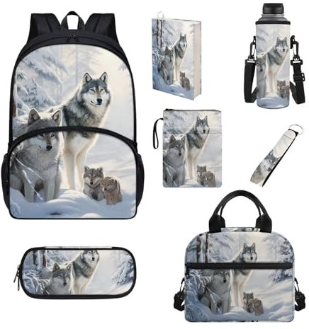 Chririnla Ensemble cartable 7 pièces avec sac à déjeuner isotherme + trousse à stylos + porte-clés + housse de livre + porte-bouteille pour la rentrée scolaire, Loup animal, Sac à dos enfant
