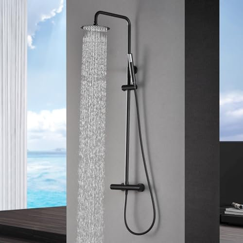 IMEX - Columna Ducha Negra Termostatica con Grifo | Conjunto de Ducha con Alcachofa y Rociador Antical Efecto Lluvia | Griferia en Latón y Acero Inox S.304 con Barra Extensible | Serie Monza