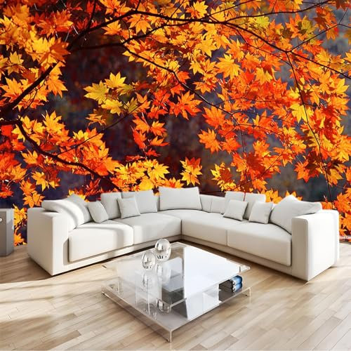 Papier Peint Intissé Feuilles d'érable rouge d'automne Effet 3D Tapisserie Murales Papier Peint 200 x 140 cm Muraux Photo Décoration Murale Salon Chambre
