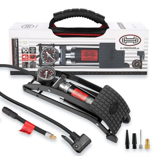 HEYNER PedalPower PRO H215010 - Bomba de pie con medidor de alta precisión y múltiples conectores, construcción de acero resistente para un inflado rápido y estable, calidad alemana