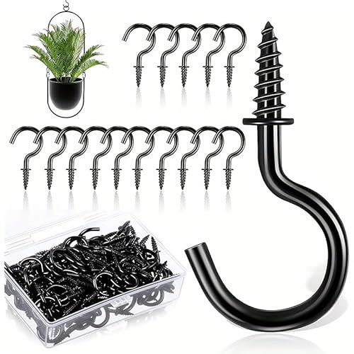 ARIATI Pack of 16 pcs Cup Hooks Screw - 2.9 Inch Metal Ceiling Hooks with PVC Plastic Vinyl Coating Black Screw in Hooks for Hanging Plants, Cups, Lights, Kitchen Utensils