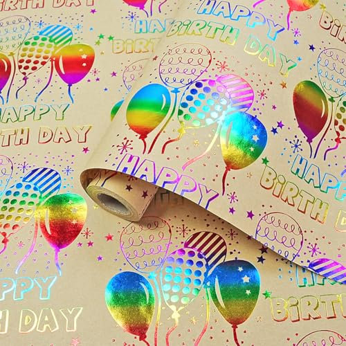 Geschenkpapier Geburtstag Rolle, Geschenkpapier Geburtstag Kraftpapier Rolle, Bunt Happy Birthday Geschenkpapierrolle zum Frauen Kind, Geschenkverpackung Papier für Geburtstagsanlässe, 43cm x 10m
