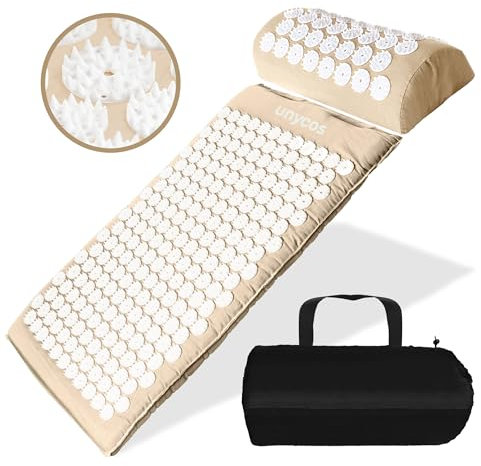 unycos - Akupressur-Set, Akupressurmatte mit Kissen【Inklusive Tragetasche】Akupunkturmatte gegen Nacken- und Rückenschmerzen, Blumenfeldmatte, Nadelreizmatte, 179-Pin, 33-Punkt-Massagematte (Beige)