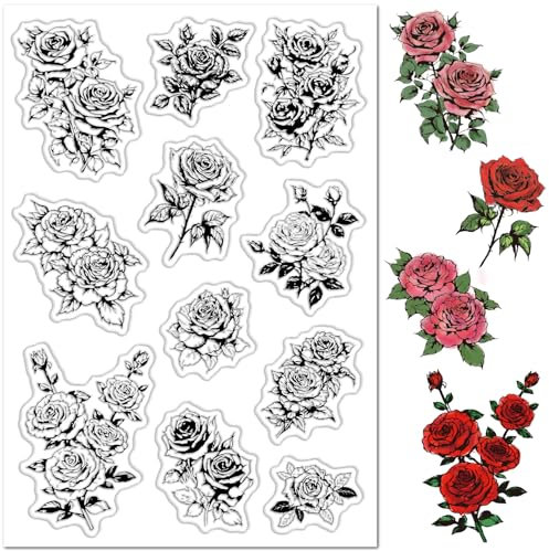 craspire Transparente Stempel Mit Blumenmotiven Zum Gestalten von Karten Blumen Rosen Blättern Pflanzen Gummistempel Vintage Retro Transparente Dekorative Silikonsiegel Für Valentinstag DIY Foto