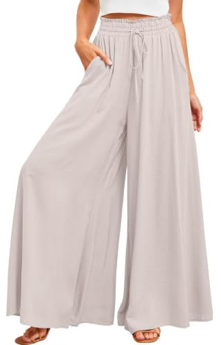 ROFUSSO Damen Hose mit Weitem Bein Casual Leichte Palazzo Hose Freizeithose Hohe Taille Elastisch Sommerhose Elegante Einfarbig Stoffhose mit Taschen Kordelzug