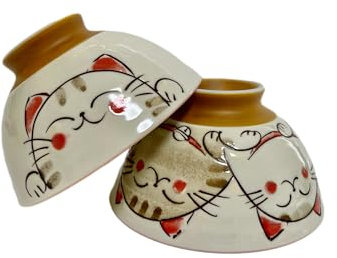 Japanese Mino Ware Ceramic Rice Bowls Set, 4.53 x H2.48 Inches, 7.8 Fluid Ounces, Cute Smiling Cats Pink, Set of 2 (Pink)