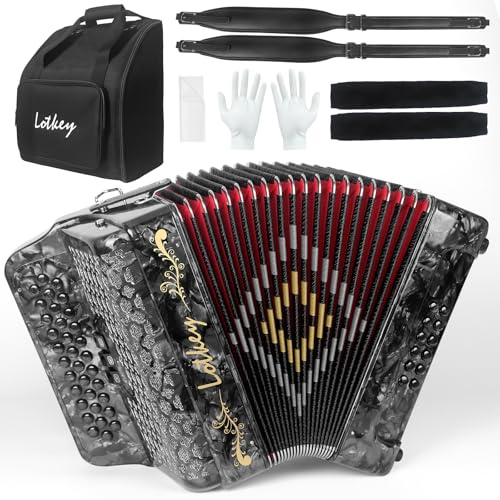 Lotkey 34 Tasten diatonic Akkordeon, 3412 mehrfarbige Zelluloid Akkordeon höher klarer Timbre als Kunststoff für Erwachsene, Anfänger, Profi mit aktualisierten Tasche, Gürtel, Acordeón