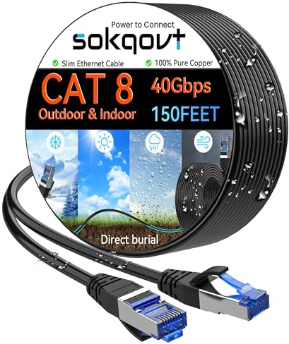 Sokqovt Cat 8 Ethernet Cable Slim 150ft Outdoor&Indoor, Pure Copper Cat8 Internet Cable for Waterproof & Direct Burial, Flexible Cat8 Ethernet Cable 40G 2000MHZ, Cat 8 Network Cable for Indoor Black