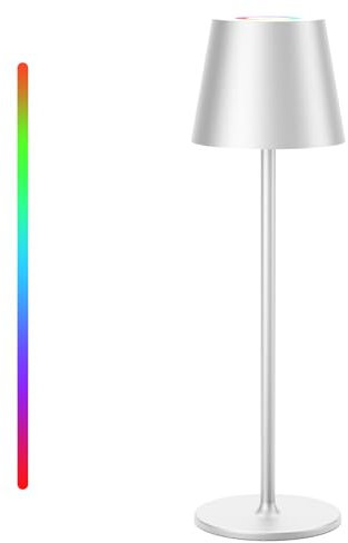 Qsky Tischlampe Kabellos Dimmbare LED Akku Tischleuchte, Wiederaufladbar Warme Lichtfarbe 3000K+RGB Aluminium Outdoor Tischlampe wasserdicht für Restaurant,Schlafzimmer,Bar,IP54 (Silber 1 Stück)