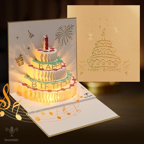 LUZOON 3D Geburtstagskarte, Geburtstagskarte mit leichter und aufnehmbarer Musik, 3D Pop Up auf Geburtstagsgeschenk für Eltern Liebhaber und Kinder (Golden)