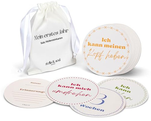 Stella & Soul Baby Meilensteinkarten | 35 bunte Karten für das erste Babyjahr, Geschenkset im Leinenbeutel zur Geburt, Babyparty & Schwangerschaft