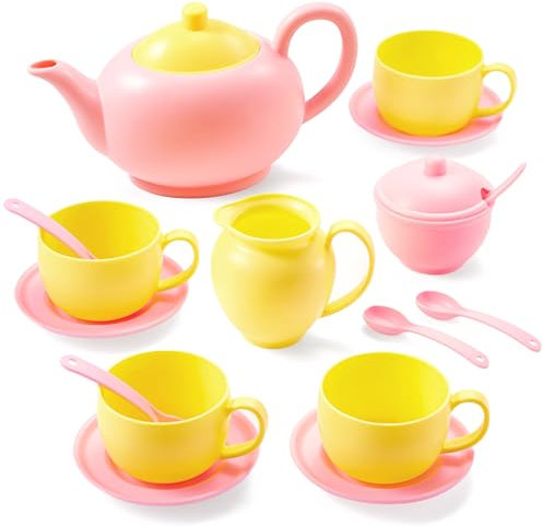 JOYIN Pretend Play Tea Party Set - Food Accessories, BPA & Phthalates Free Plastic Tea Party Set for Toddler Boys & Girls, Ages 4-6 (Pink and Yellow)