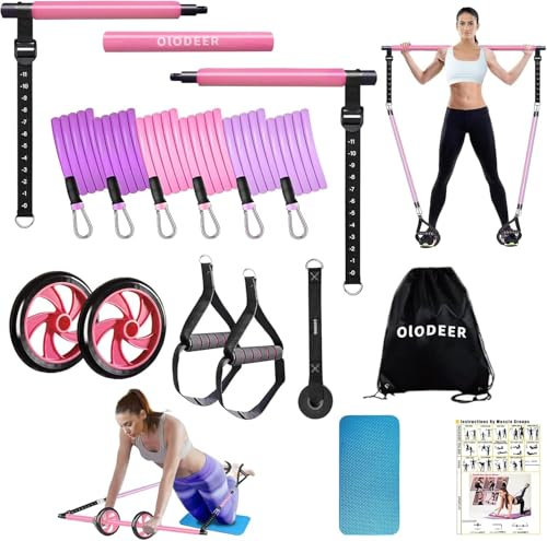 OLODEER Pilates-Stangen Set mit Widerstandsbändern & Bauchrolle | Reformer-Übungsstange für Ganzkörpertraining | Fitnessgerät für Zuhause (Frauen/Männer) - Inkl. Premium-Zubehör