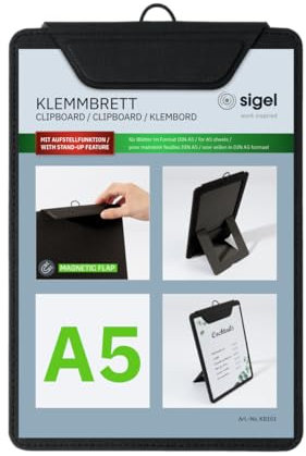 SIGEL KB101 Klemmbrett A5, schwarz, mit Aufstellfunktion, stabiles, stylisches Clipboard mit edler Leinenstruktur, strapazierfähig und leicht abwischbar, für Speisekarten