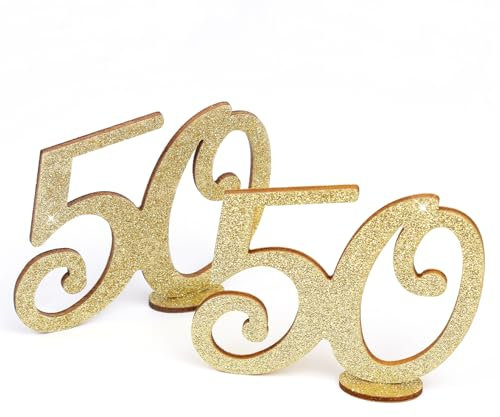 Oblique Unique Holz Zahl 50 mit Ständer Set Glitzer Holzdeko Tischdeko zur Verzierung Dekoration für Geburtstag Party zum Basteln