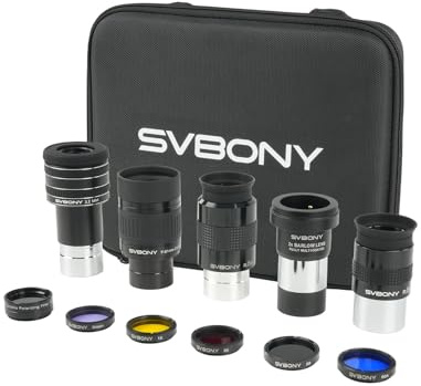 SVBONY SV233 12 Piece Telescope Accessory Kit 3.2mm Ultra-Wide Angle Planetary Eyepiece, SPL25/32mm Eyepieces 7-21mm Zoom Eyepiece, 2X Barlow Lens, LRGB Filters Moon Filter Variable Polarizer Filter