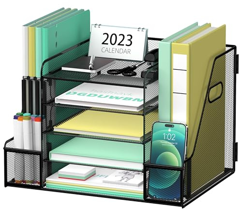 SUPEASY Mesh Schreibtisch Organizer mit Aktenhalter, 5-Tier Papier Brief Tray Organizer mit Zeitschriftenhalter, Desktop Organizer und Lagerung für Bürobedarf Zuhause oder Schule, Schwarz