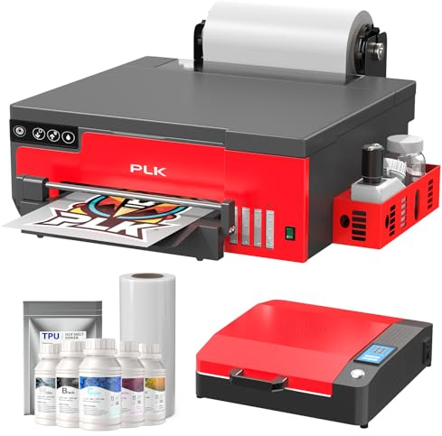 PLK DTF A4 Drucker mit XP600 Druckkopf, Blätter- und Rollenzuführung, Integrierter Folienschneider, DTF L8058 Druckermaschine mit weißem Tintenrührsystem, 100% Transferdruck für(A4 Printet+Oven)