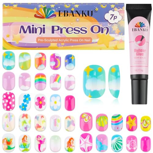 168 Pieces Press on Nails for Kids, EBANKU 7 Pack Kid Fake Nail Kit Summer Shells Butterfly Press on Nails for Girls 6-12 Years with Nail Glue