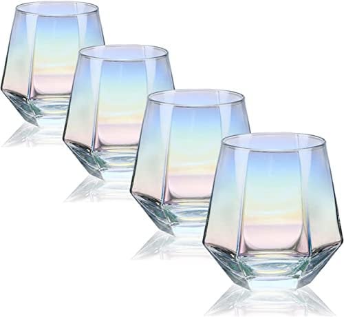 Lot de 4 verres à vin sans pied (300 ml) pour vin rouge et blanc, verre irisé en forme de diamant pour whisky, cocktail, cadeau pour anniversaire, mariage, pendaison de crémaillère, anniversaire