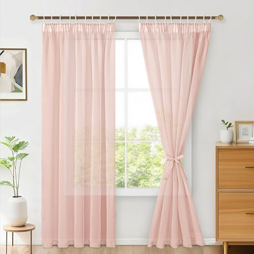 Hiasan 2er Set Sheer Voile gardinen vorhänge gardine Wohnzimmer mit Kräuselband Curtains scheibengardinen Vorhang Transparente Durchsichtig Luftig Dekoschal für Schlafzimmer 245x140cm(HxB) Rosa