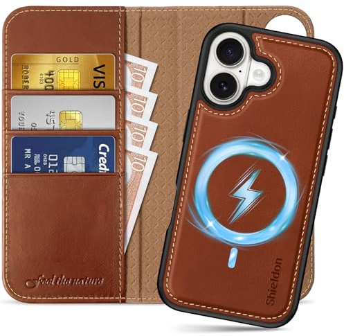 SHIELDON 2 IN 1 Echtleder Hülle für iPhone 17 6,3 5G, Retro Braun | Abnehmbar, 3 Kartenfächer, Kabelloses Laden, Ständer, RFID Blocker, Handy-Ösen, Magnet Case, Klapphülle