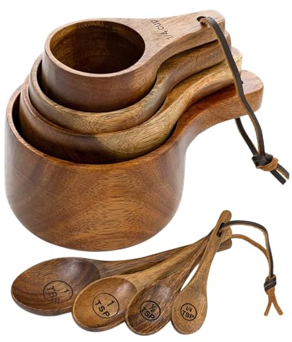 Wooden Measuring Cups and Spoons Set - Eco-Friendly Solid Acacia Wood, Laser Engraved Measurements, Perfect for Baking & Cooking - Ideal for Bakers, Chefs & Home Cooks（brown）