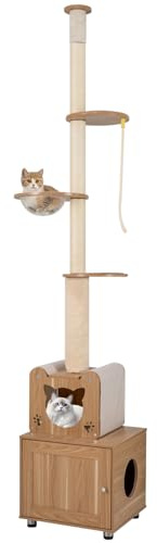 COSTWAY Arbre a Chat Plafond, 256-275 cm Hauteur Ajustable, Arbre a Chat avec Litiere Intégrée, Capsule, Condo, Poteaux à Griffer en Sisal, Corde en Sisal, Plateformes, Coussin Amovible