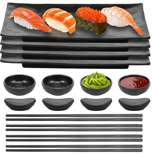 Sutowe Set di piatti per sushi, 16 pezzi, piatti giapponesi per sushi, stoviglie nere con 4 vassoi, 4 ciotole per salsa di soia, 4 paia di bacchette + supporto, regalo di nozze e inaugurazione