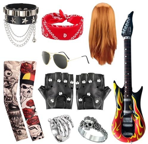RAOPNHS Faschingskostüme Männer Set 10-Teilig, 80er Jahre Outfit Herren mit Heavy Metal Perücke Tattoo Ärmel und Nieten, Rocker Outfit Damen und Herren für Halloween