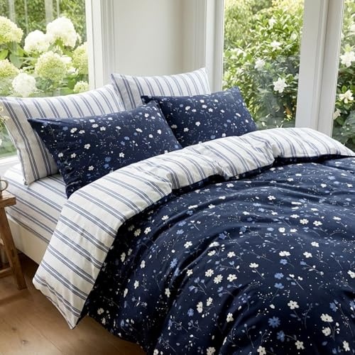 Tospass Blumen Bettwäsche 135x200 4teilig Floral Gestreift Bettwäsche Set | Aesthetic Bettwäsche Mädchen, Bettwäsche-Sets, Microfaser ÖKO-TEX, 2 Bettbezug mit Reißverschluss und 2 Kissenbezug 80x80cm