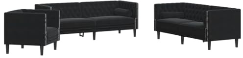 Qifoedo Chesterfield 3tlg. Samt Wohnlandschaft Schwarz mit Knopfheftung 194x74,5x70,5 cm große Couch mit Sessel und 2er Mini Sofa für Wohnzimmer Büro Flur