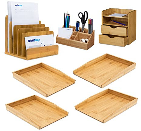 Relaxdays 7tlg Schreibtisch Set XL aus Bambus, 4 Briefablagen f. A4, Organizer Stifteköcher, Dokumentenhalter, Ablagesystem, natur