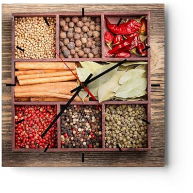 Modern Wanduhr Holzkiste orientalisch Gewürz Gewürze 30x30cm Quadrat Klein Wand Uhr Glas Analog Zimmeruhren Küche Büro Wohnzimmer Glasuhr Wall Clock Dekoration Design Küchenuhr C3AC30x30-2467