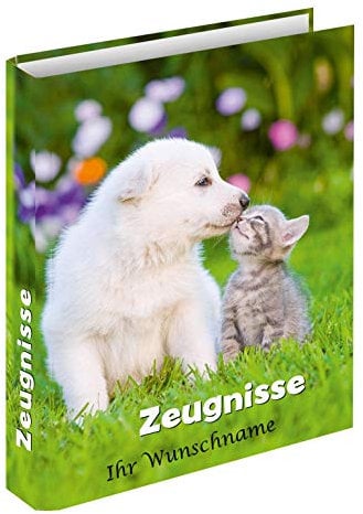Zeugnismappe mit schwarzgefärbter Gravur / Zeugnisringbuch / Hund + Katze