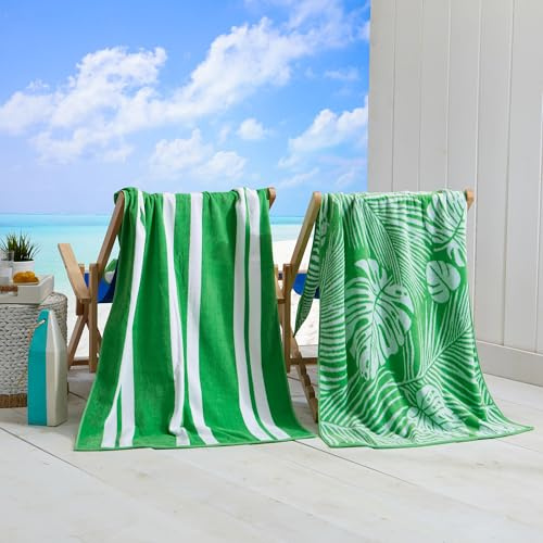 Great Bay Home, Handtuch, 100% Baumwolle, großes Strandtuch, 2er-Set, Palmen-Strandtücher für Erwachsene und saugfähige Velours-Pool-Handtücher – leichtes, schnell trocknendes Strandtuch-Set, grüne