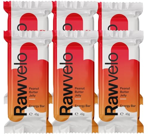 Rawvelo Energy Bars - Peanut Butter & Jelly - Gluten Free, Vegan Protein Bar, Low on Glycemic Index - Plant-based Sports Nutrition - 20.8g Carb, 7.2g Protein per Bar - 6x45g