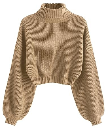 ZAFUL Women's Cropped Turtleneck Sweater Lantern Sleeve Ribbed Knit Pullover Sweater Jumper (2-Tan, S)