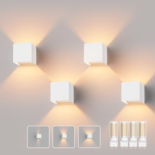 Klighten 4 Pack Wandleuchte mit Austauschbarer G9 LED Lampe Warmweiß 3000K, Aluminium LED Wandlampe Innen/Aussen Einstellbar Abstrahlwinkel aussenbeleuchtung für Wohnzimmer Garten, Weiß