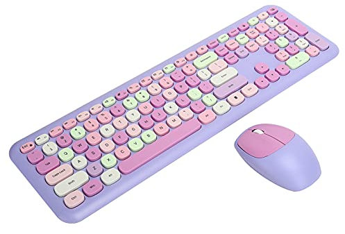 ciciglow Kabellose Tastatur und Maus-Kombination, Bunte Schreibmaschinentastatur mit Runder Taste und Nummernblock, 2,4 G USB Kawaii-Tastatur, Kompatibel mit Windows/Laptop/Computer(Violett)
