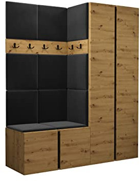 Mirjan24 Garderoben-Set Monati III, 2X Schuhschrank + Kleiderhakenbrett + Kleiderschrank Gepolstertes Paneel/Wandpaneel Kleiderhaken Flurgarderobe Wandgarderobe (Eiche Artisan/Schwarz, Manila 18)