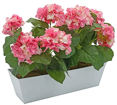 GreenBrokers Artificial Pink Hydrangea Flower Bush in White Tin Window Box (45cm) with Nine Flower Clusters for Home or Outdoor Living