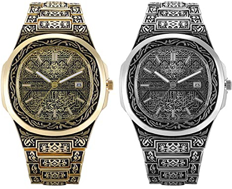 JewelryWe Herrenuhr Retro Analog Quarz Armbanduhr 30m wasserdichte Datum Kalender Vintage Blumenmuster Herren Uhr mit Metall-Armband Gold/Silber